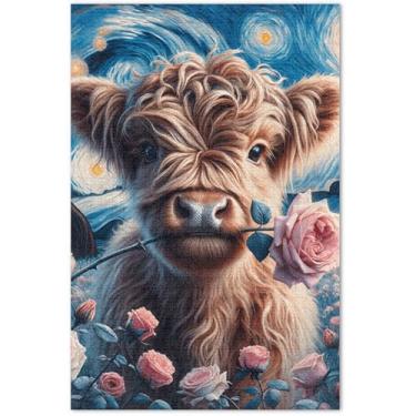 Imagem de Quebra-cabeça Highland vaca gado rosa fofa adulto 500 peças família elefante branco presentes exclusivos para adultos paisagem floral, 50 x 37 centímetros