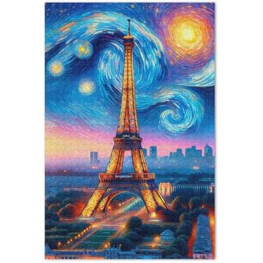 Imagem de Quebra-cabeça Noite Estrelada da Torre Eiffel de Paris, 1000 peças para adultos, presentes para elefantes brancos, quebra-cabeças exclusivos para adultos, arte de flores com animais, 75 x 40 cm
