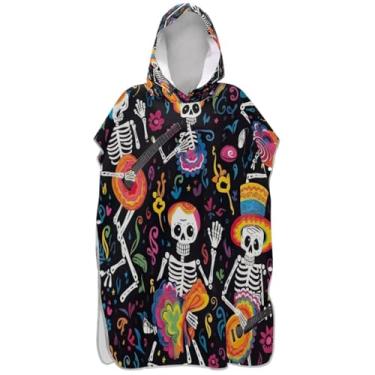 Imagem de Joisal Roupão de mudança de poncho de surfe plus size para Adul toalha de banho com capuz mexicano engraçado esqueleto preto ponchos de praia para homens