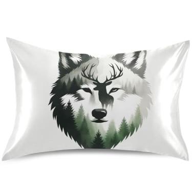 Imagem de Capa de almofada de cetim arte aquarela de veado lobo almofada de resfriamento padrão king queen capa de travesseiro com estampa animal, tamanho king, 101,6 cm x 50,8 cm