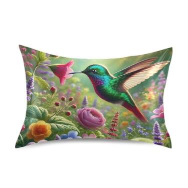 Imagem de Fronhas de cetim fofas refrescantes personalizadas padrão Queen King fronhas macias para cama queen size 76,2 cm x 50,8 cm vibrante beija-flor flores de jardim