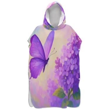 Imagem de Joisal Roupão de mudança de poncho de surfe para adultos toalha de banho com capuz de praia ponchos adultos de secagem rápida para mulheres pastel borboleta flor floral roxo