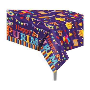 Imagem de CC HOME 1 toalha de mesa de plástico Happy Purim Party 137 x 213 cm, capa de mesa longa, máscara de coroa roxa para festa com tema Purim, chá de bebê, aniversário, jantar, piquenique, evento de