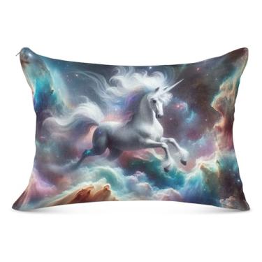 Imagem de Fronha de travesseiro de flanela branca roxa de unicórnio de desenho colorido decorativo fronha King Queen padrão fronhas de cama para cabelo, tamanho padrão, 51 cm x 66 cm