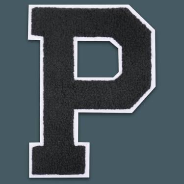 Imagem de QianSiLi Remendos de letras universitárias de chenille preto de 15 cm, letras grandes para jaquetas Letterman, moletons com capuz, mochilas, coletes, roupas, adesivos individuais de letra P