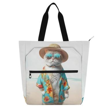 Imagem de Bolsa feminina divertida de trabalho de gato vestido de lona para escola de praia, bolsa média, presente para amantes de livros