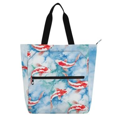 Imagem de Sacola circular com estampa de peixe Koi vermelho aquarela para mulheres e crianças, escola, trabalho, livros, presentes, zíper, bolsa de ombro