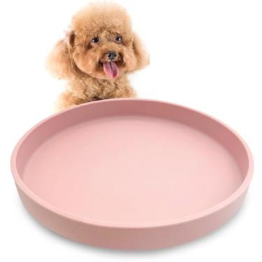Imagem de VCEPJH Pratos de silicone para cães, tigela rasa para animais de estimação, tigela plana para cachorros, bigode para gatos e fadiga, pratos silenciosos para alimentos secos e úmidos (rosa redondo)