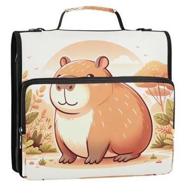 Imagem de Fichário fofo de capivara com 3 anéis de 3,8 cm com zíper e alça de ombro para armazenamento escolar com alça de ombro