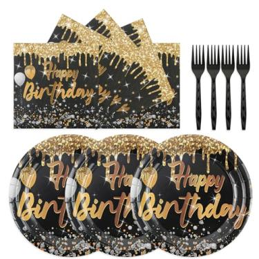 Imagem de HFBOBP 75 peças de pratos e guardanapos de feliz aniversário, pratos de bolo de papel preto e dourado, utensílios de mesa descartáveis para festas de aniversário