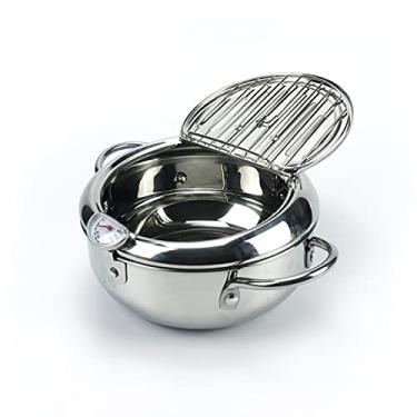 Imagem de Frigideira pequena, panela de fritadeira de aço inoxidável com termômetro Fahrenheit e rack de drenagem de óleo, 20 cm