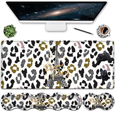 Imagem de Mouse pad estendido XXL para jogos e teclado ergonômico macio de espuma de memória descanso de pulso para escritório casa, alívio da dor grande mesa de escritório 80 x 30 cm, Torre Eiffel leopardo