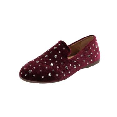 Imagem de Mocassins femininos casuais versáteis plus size respiráveis cor sólida strass bico redondo bico fechado sola lisa macia, Vinho vinho, 38