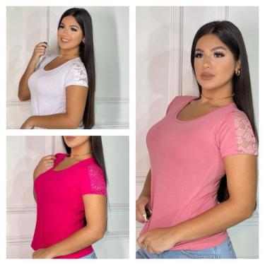 Imagem de Kit 3 blusas feminina detalhe de renda manga curta - GK TODA BELA, Bra