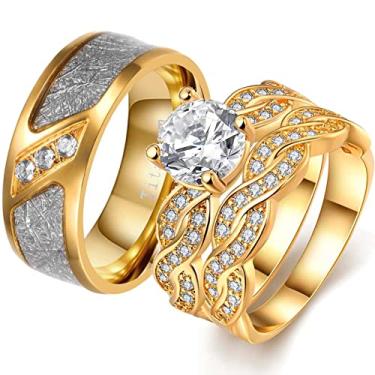Imagem de ringheart Anéis de casal combinando anel 1,5 ct CZ banhado a ouro conjunto feminino de anéis de casamento para ele e ela, ele e ela conjuntos de anéis, Metal Metal cristal strass Pedra, Zircônia cúbica