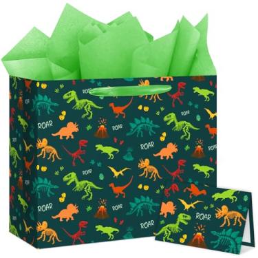 Imagem de Reyoust Bolsa grande de presente de dinossauro verde de desenho animado de 33 cm com papel de seda e cartão comemorativo de design de dinossauro para meninos meninas adolescentes decoração de festa de