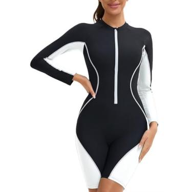 Imagem de HISETPFDE Maiô feminino de manga comprida Rash Guard, parte inferior boyleg UPF 50+, roupa de banho para surfe, preto, médio