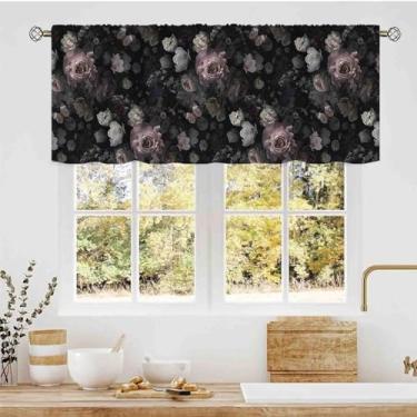 Imagem de Boho Floral Kitchen Valance, Vintage Preto Rosa Primavera Flor Rosa Penoy Impressão de Arte Estética Chique Bolso Haste Cortinas para Janela Pequena para Café, Sala de Estar, Quarto, Armário Banheiro