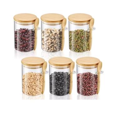 Imagem de Pote de Vidro 250ml com Tampa Hermética de Bambu e Colher – Kit 6 Unidades