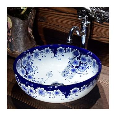 Imagem de Tradição chinesa azul e branca porcelana vaso de banheiro tigela redonda arte cerâmica bancada lavatório de vaidade lavatório de banheiro pia de cerâmica pequena
