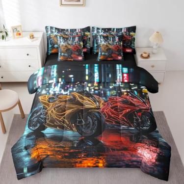 Imagem de Conjunto de cama com 7 peças, conjunto de cama moderno para motocicleta, jogo de corrida, luzes neon, motocicleta, moderno, construção urbana (edredom + lençol de cima + fronhas + fronhas de