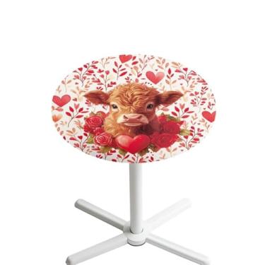 Imagem de Maiyoinou Toalha de mesa de coquetel para Dia dos Namorados Highland Cow Rose Love respirável lavável redonda com elástico para festa de piquenique