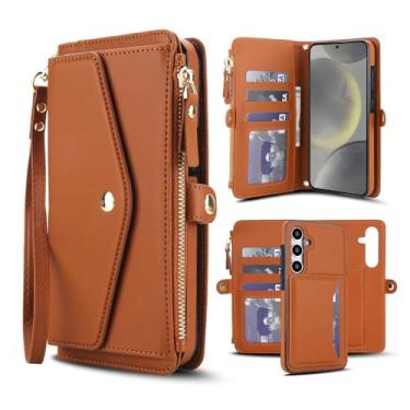 Imagem de Capa carteira para Samsung Galaxy S25, capa flip magnética destacável com compartimentos para cartões, bloqueio RFID, suporte e alça de pulso, capa protetora para celular (marrom)