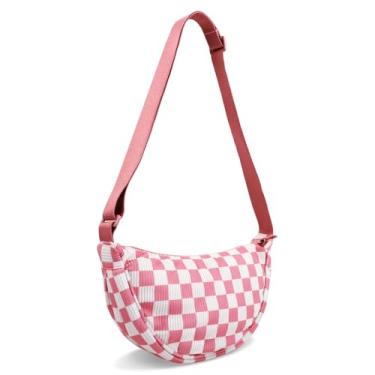 Imagem de Bolsa tiracolo de nylon crescente para mulheres, bolsas masculinas modernas, bolsa tiracolo pequena Hobo, Xadrez-rosa, Small