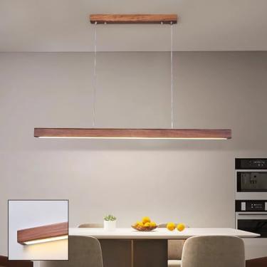 Imagem de Luminária pendente de madeira com LED linear, dimerizável, com controle remoto, lustre para sala de estar, mesa de jantar, bar, escritório, moderna, com altura ajustável (60 cm)