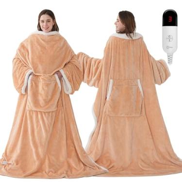 Imagem de Cobertor aquecido vestível com bolsos para os pés, cobertor elétrico vestível com mangas, cobertor elétrico vestível com 6 configurações de níveis de calor, desligamento automático fixo 4H, presente