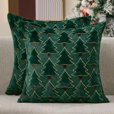 Imagem de Allorry Capas de almofada de Natal 50,8 x 50,8 cm conjunto de 2 decorações de Natal macias de pelúcia sintética lã verde árvore de Natal fronhas decoração de inverno para sofá sala de estar PT-012A20