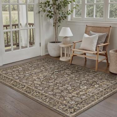 Imagem de WondRg Tapete vintage lavável marrom 3x5 para sala de estar, macio, floral, antiderrapante, tapete moderno, resistente a manchas, tapete envelhecido, entrada, lavanderia, quarto, escritório