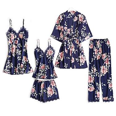 Imagem de HHHJQFAAT Pijama feminino 3 peças floral acabamento em renda cetim conjunto de pijama com roupão decote em V vestido de dormir G azul marinho B (azul marinho a)