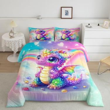 Imagem de Feelyou Conjunto de edredom de dragão, tamanho casal, para meninos e meninas, adolescentes, conjunto de edredom fofo para decoração de quarto, conjunto de edredom multicolorido