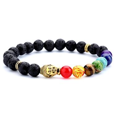 Imagem de Doitory Pulseira masculina feminina de 8 mm, pedra vulcânica, 7 contas de chacra, corda trançada, pedra natural, pulseira de ioga, 6.7 inches, Pedra