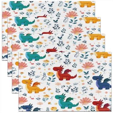 Imagem de Tapete de mesa fofo de dragão, colorido kawaii, dino, vida selvagem, meninas, meninos, mulheres, crianças, jogo americano com flores naturais, folhas, decoração de mesa de sala de jantar, 30 x 45 cm