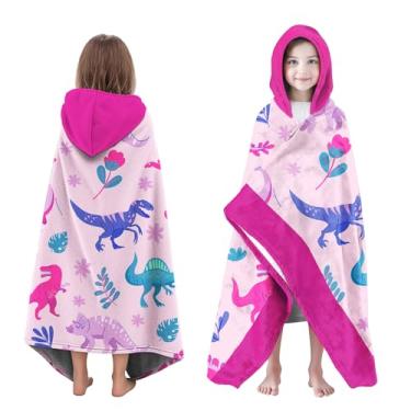 Imagem de Neapth Toalha de praia com capuz de dinossauro para menina, 89 cm x 152 cm Toalha de banho infantil poncho para crianças, rosa absorvente macio com capuz para 3-10 anos roupão de banho para banho de