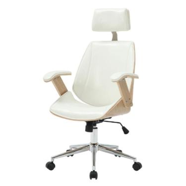 Imagem de Cadeira Escritório Giratória Presidente Lisboa Rivatti Madeira Natural Com Pu Branco Base Aço Cromado