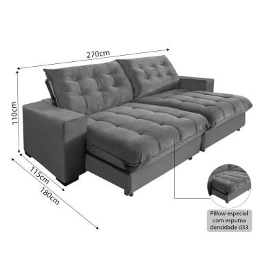 Imagem de Sofá Califórnia Retrátil E Reclinável 5 Lugares 2,70m Com Molas Ensacadas E Pillow Cinza