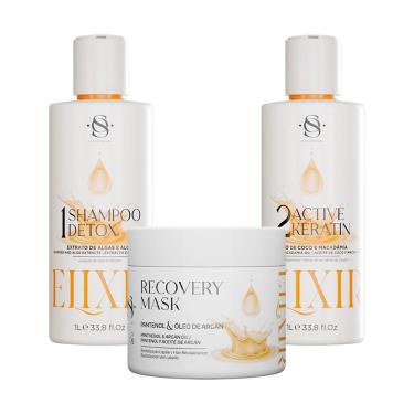 Imagem de Kit Escova Progressiva S&o Active Keratin Elixir + Shampoo Detox 1l + Máscara Recovery Elixir 500g