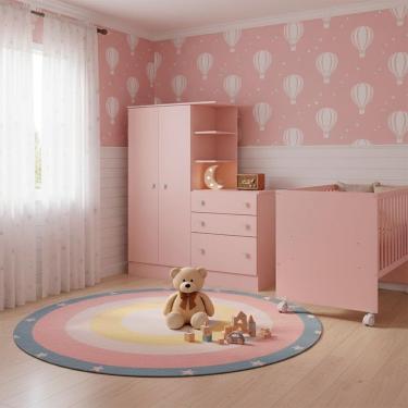 Imagem de Quarto Bebe Infantil Doce Sonho Berco Reto Rodizio e Guardar Roupas com Comoda Qmovi