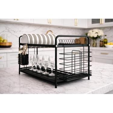 Imagem de Escorredor de Louça Em Aço Inox Preto Com Bandeja Coletora Capacidade 