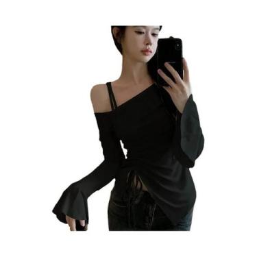 Imagem de Blusa Feminina De Algodão Manga Longa Cropped Ombro a Ombro Com Manga 
