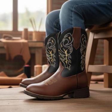 Imagem de Bota Texana Infantil Unissex em Couro Legítimo Bordado Dourado Kapell,