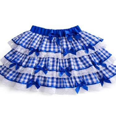 Imagem de Saia Junina de Luxo Adulto  Xadrez Vermelho e Azul com Laços e Renda -