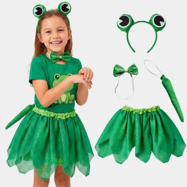 Imagem de Fantasia de Sapo Infantil pra Menina Kit com Saia Brilhante Tiara Grav