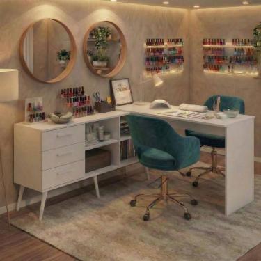 Imagem de Mesa Profissional Para Manicure Em L Com 3 Gavetas Jady Multimóveis Mp6043 Branco Branco