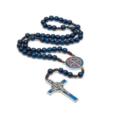 Imagem de Terço Madeira Azul Cordão Marrom 10MM Sao Bento Cruz Metal Res Color
