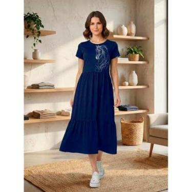 Imagem de Vestido Midi Três Marias Feminino Aveloz Estampa Cavalo Azul marinho-Feminino