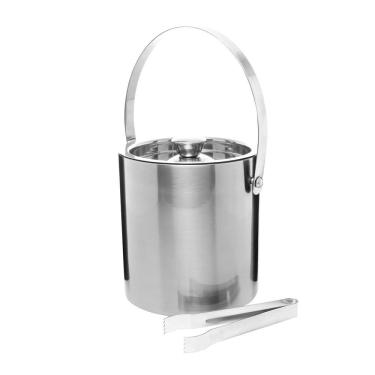 Imagem de Balde para Gelo de Aço Inox C/Parede Dupla, Tampa e Pegador Old Fashioned Prata 1,6 Litros 17x16,5cm Wolff